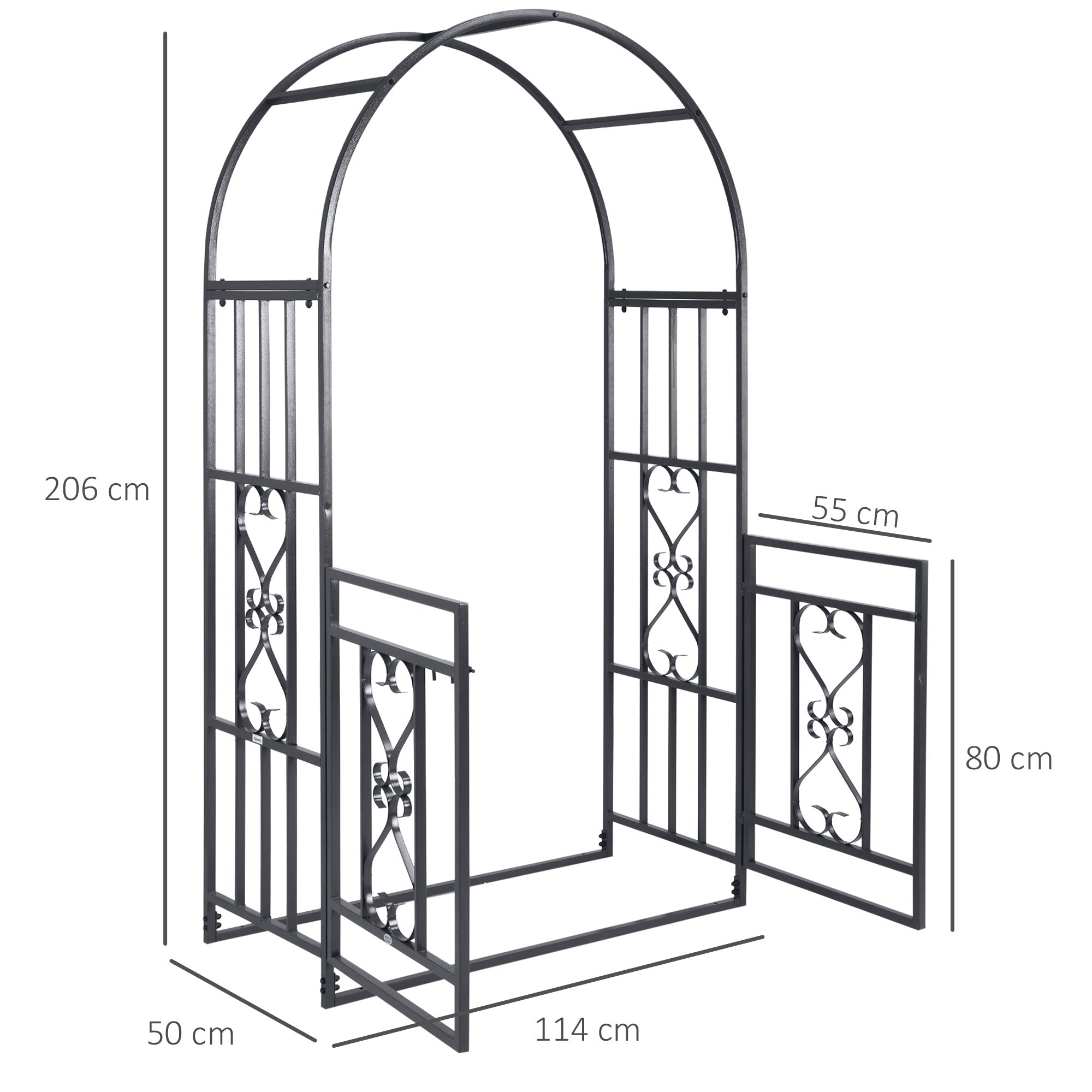 Outsunny Outdoor Garden Arch with Double Gates, Metal Garden Arbor for Climbing Plants, Roses, Vines, Wedding Arch for Outdoor, 114L x 50W x 206H cm, Dark Grey