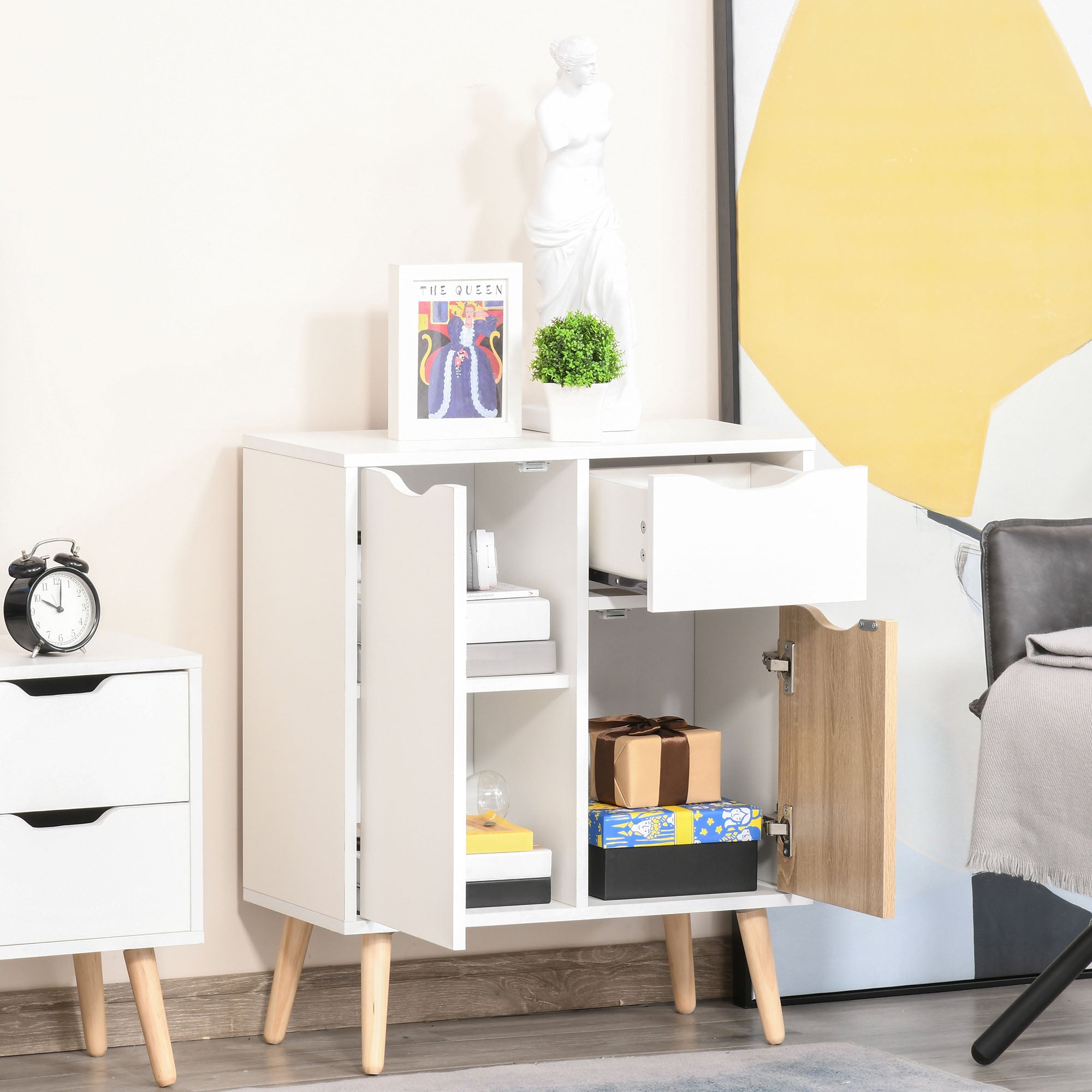 HOMCOM Bedroom Furniture Set, Wardrobe with Hanging Rail, 3 Drawer Chest of Drawers, Bedside Table with Drawer, Grey and White