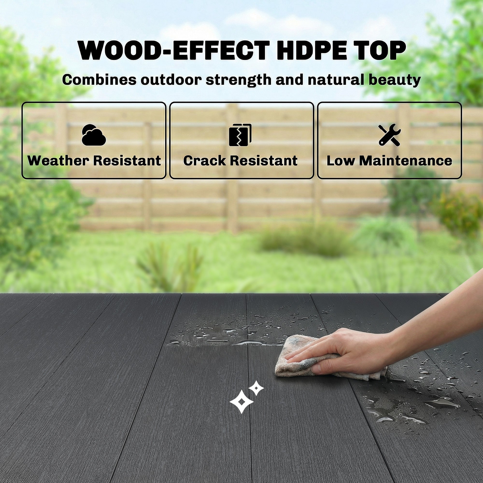 Outsunny Garden Dining Table for 6, Rectangular Outdoor Table with Wood Effect HDPE Top, X-Shaped Metal Legs, Black