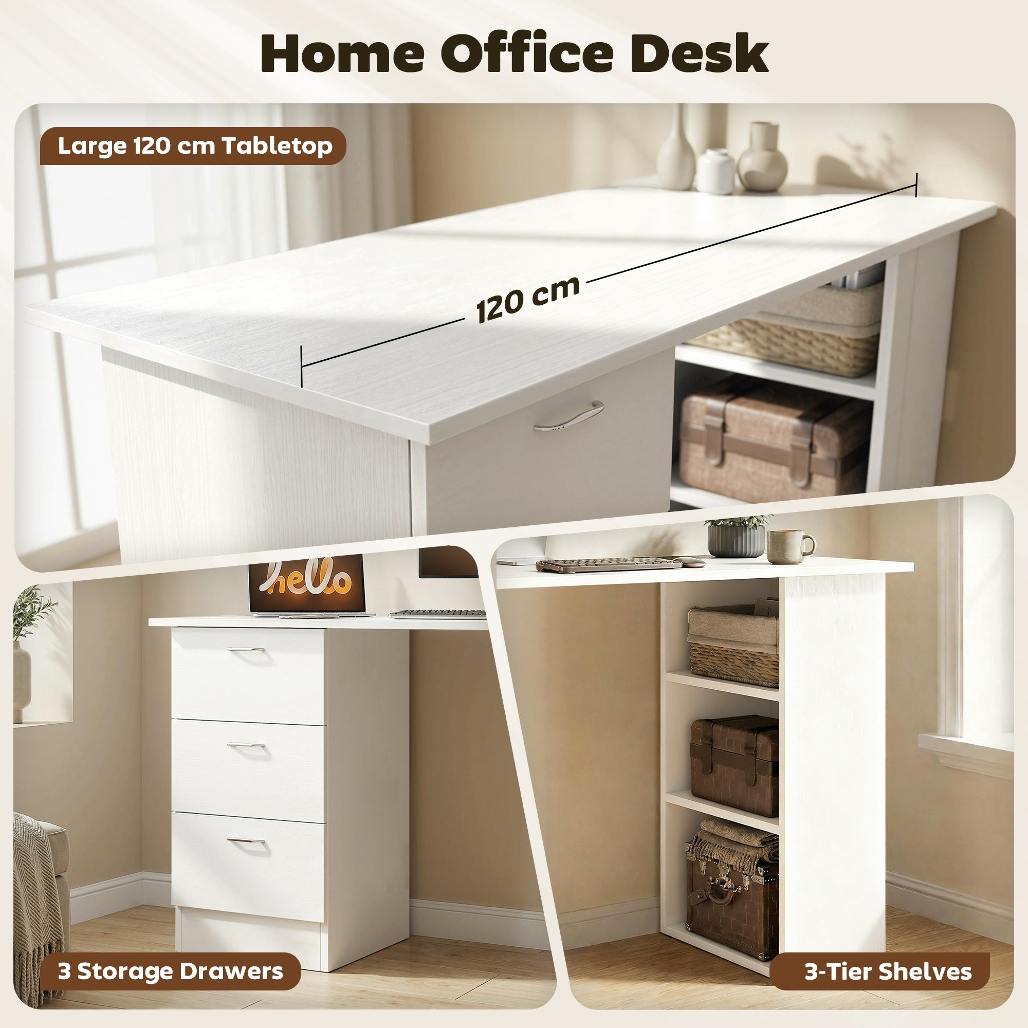 HOMCOM Computer Desk, Home Office Desk, Writing Table, PC Workstation with 3 Storage Shelves and 3 Drawers for Working, Study, 120 x 49 x 72 cm, White