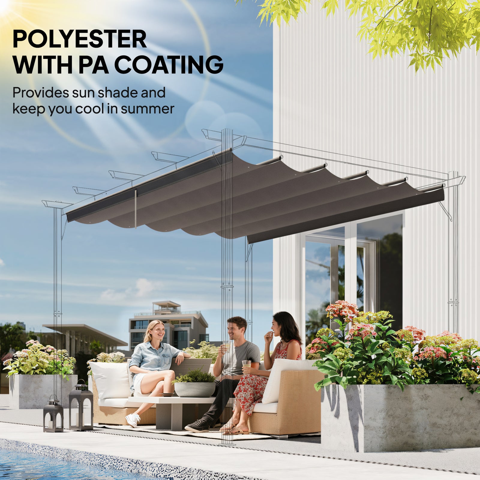 Outsunny Retractable Pergola Cover, 2.55 x 2.5 m Replacement Canopy Fabric for 3 x 3 m Frame, Roof Top Only, Light Grey