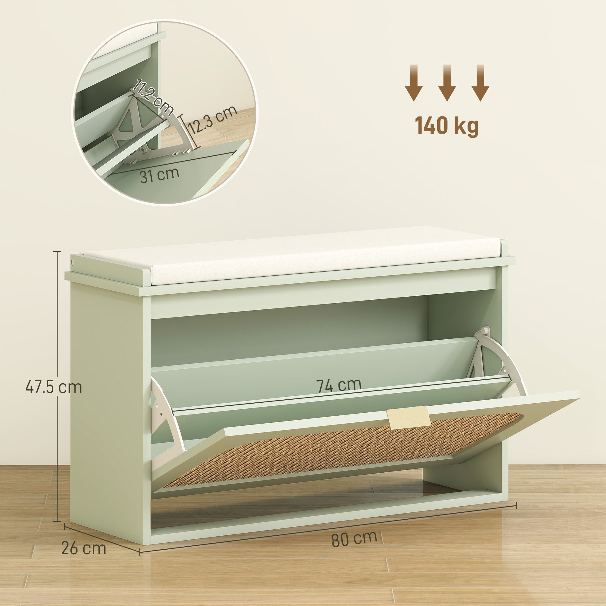 HOMCOM Boho Shoe Bench with Padded Seat and Flip-Drawer - Light Green