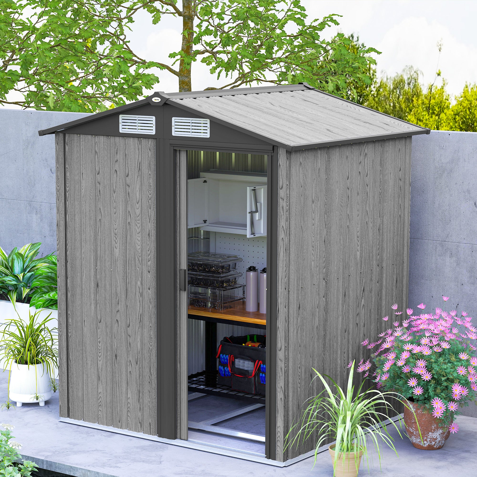 Outsunny 4.3 x 5ft Outdoor Garden Storage Shed - Grey Wood Effect