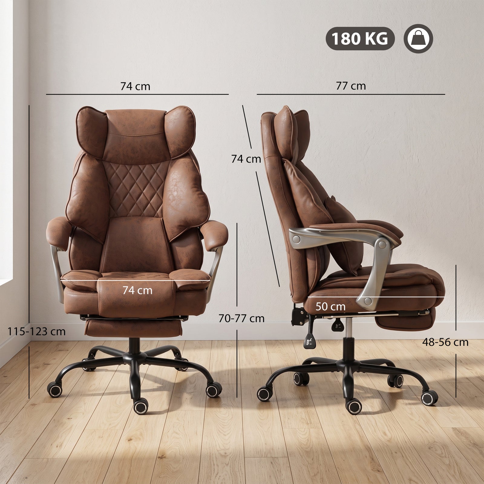 HOMCOM Executive Office Chair, Leathaire Big and Tall Office Chair 180 kg with Wide Seat, Reclining, Lumbar Support, Brown