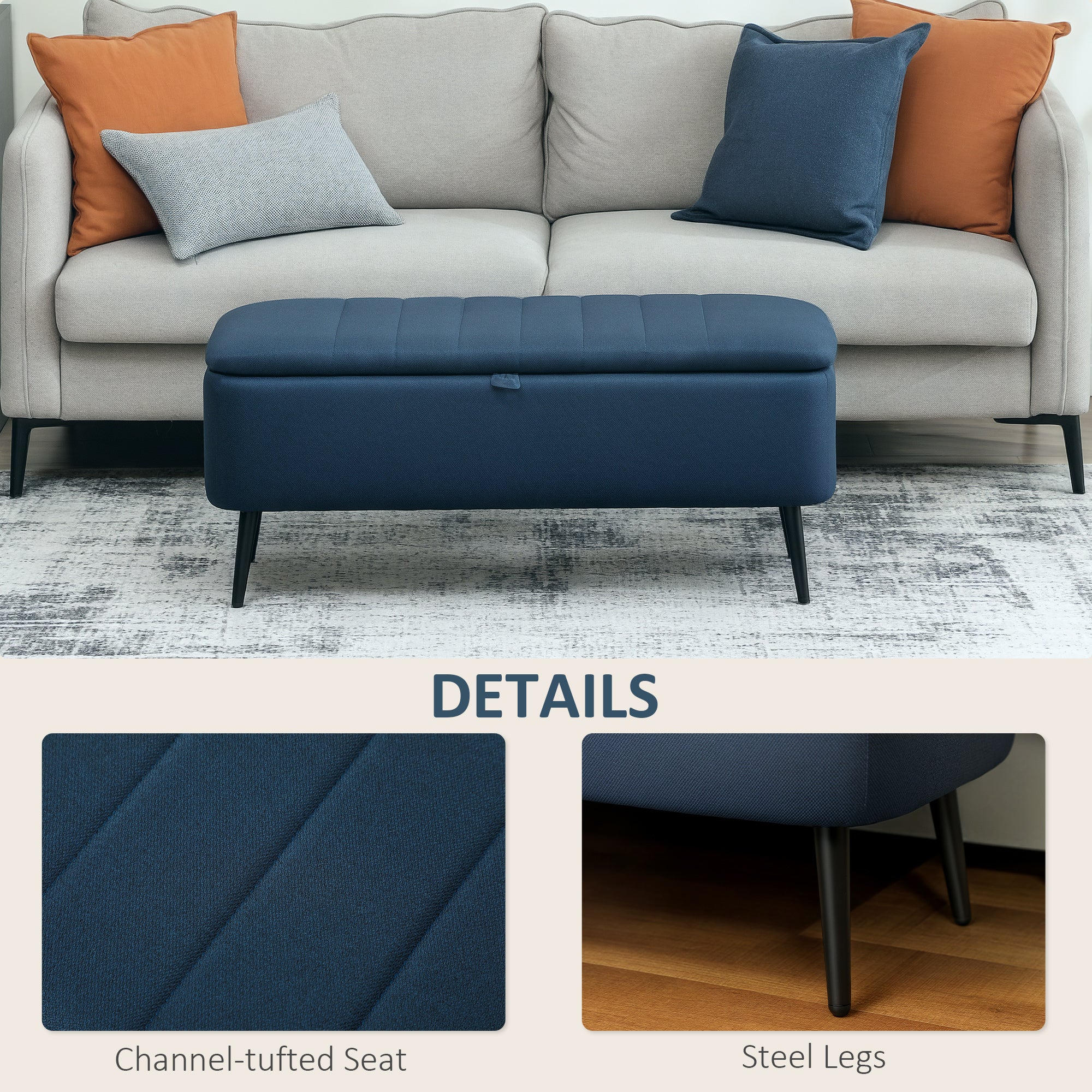 HOMCOM 92 x 31cm Linen-Look Storage Ottoman - Dark Blue