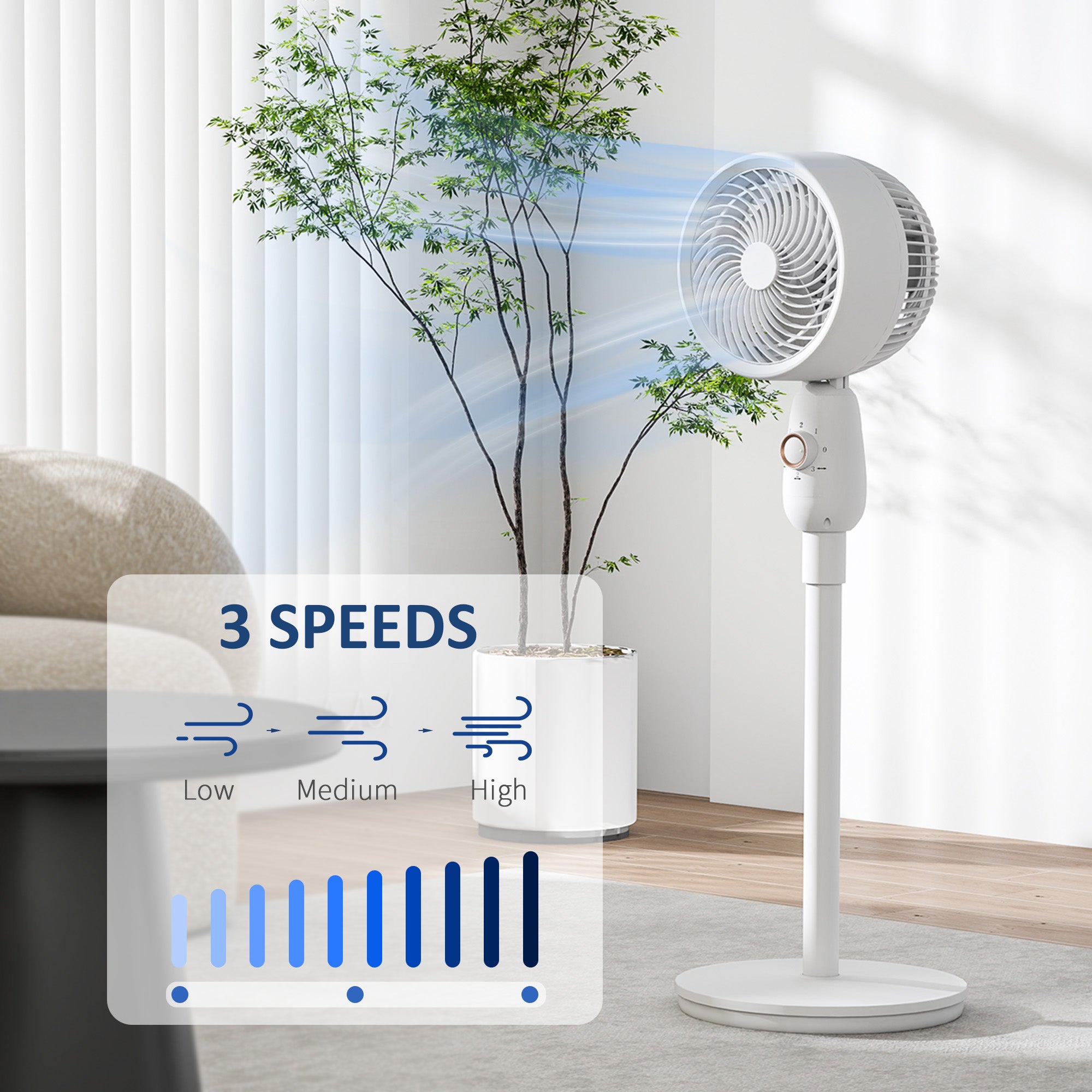 HOMCOM Pedestal Fan, Powerful Air Circulator, 12 Inch Floor Standing Fan with 3 Speed Settings, Oscillating Function for Bedroom, Home and Office, White