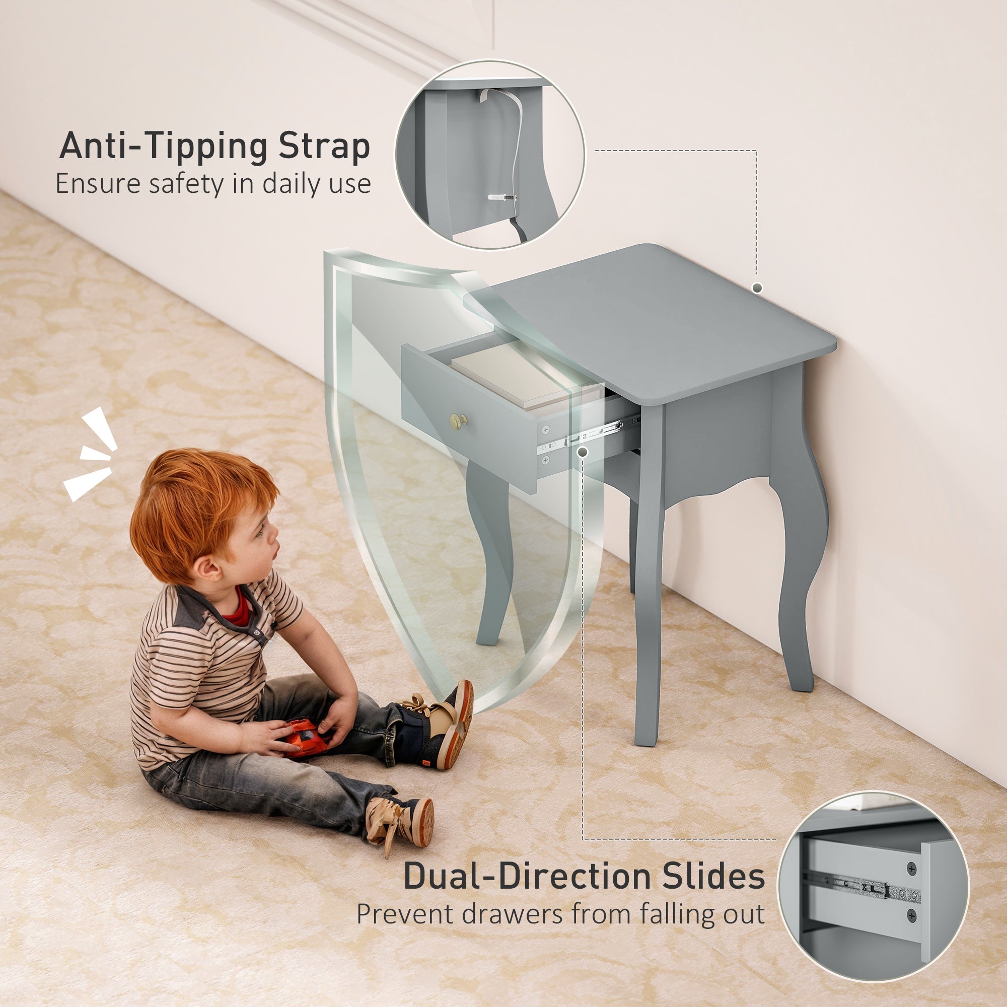 HOMCOM French Style Side Table with Drawer - Grey