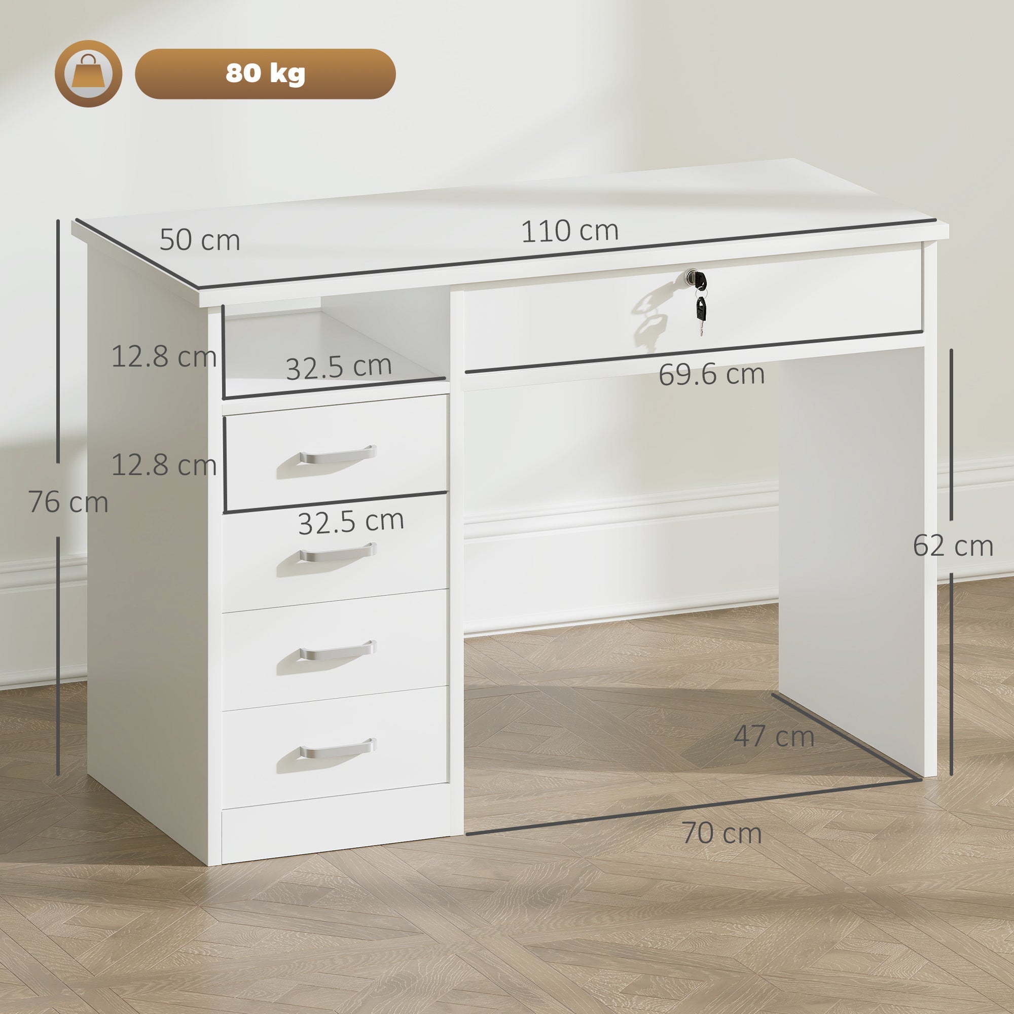 HOMCOM Computer Desk, Home Office Desk with Lockable Drawer, Storage Shelf for Study Bedroom, 110 x 50 x 76 cm, White