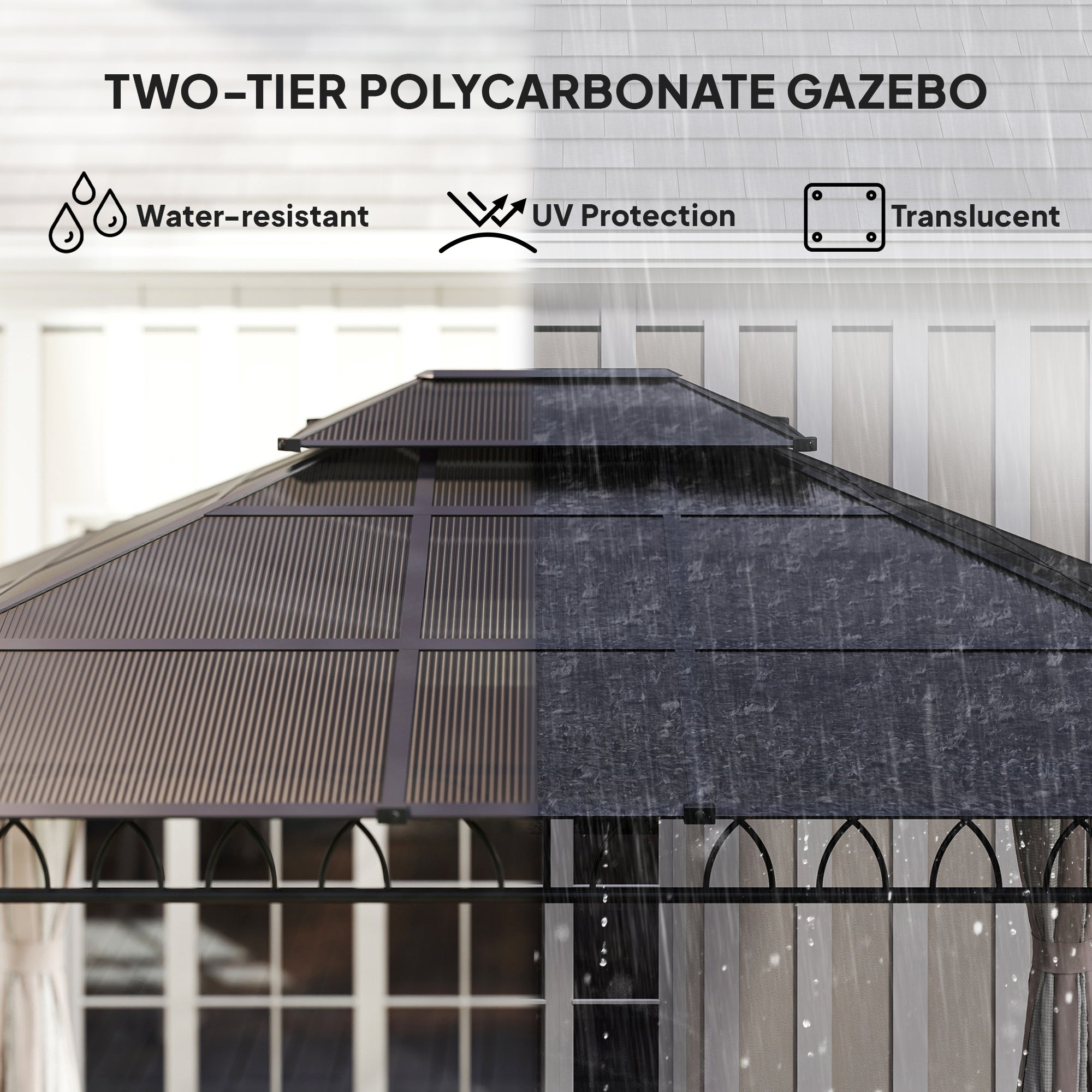 Outsunny 3.6 x 3 (m) Outdoor Polycarbonate Gazebo, Double√Ç Roof Hard Top Gazebo with Nettings√Ç &√Ç Curtains for Garden, Lawn, Patio