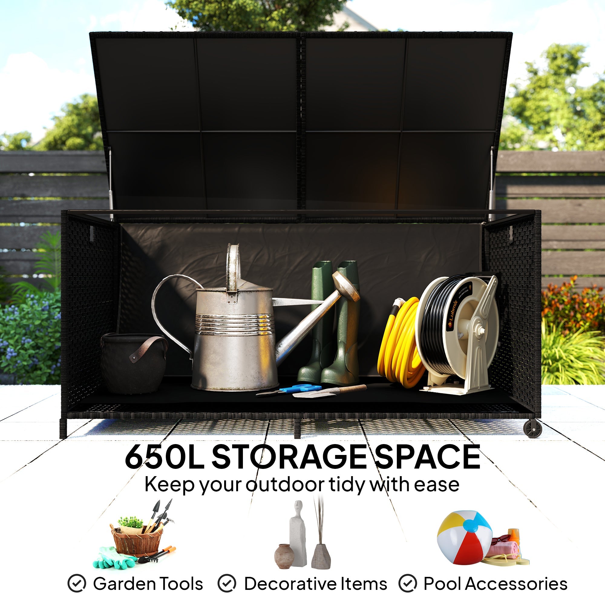 Outsunny 650L Garden Storage Box with 2 Wheels, Rattan Deck Box with Waterproof Zipped Liner, Safe Pneumatic Rods, Black