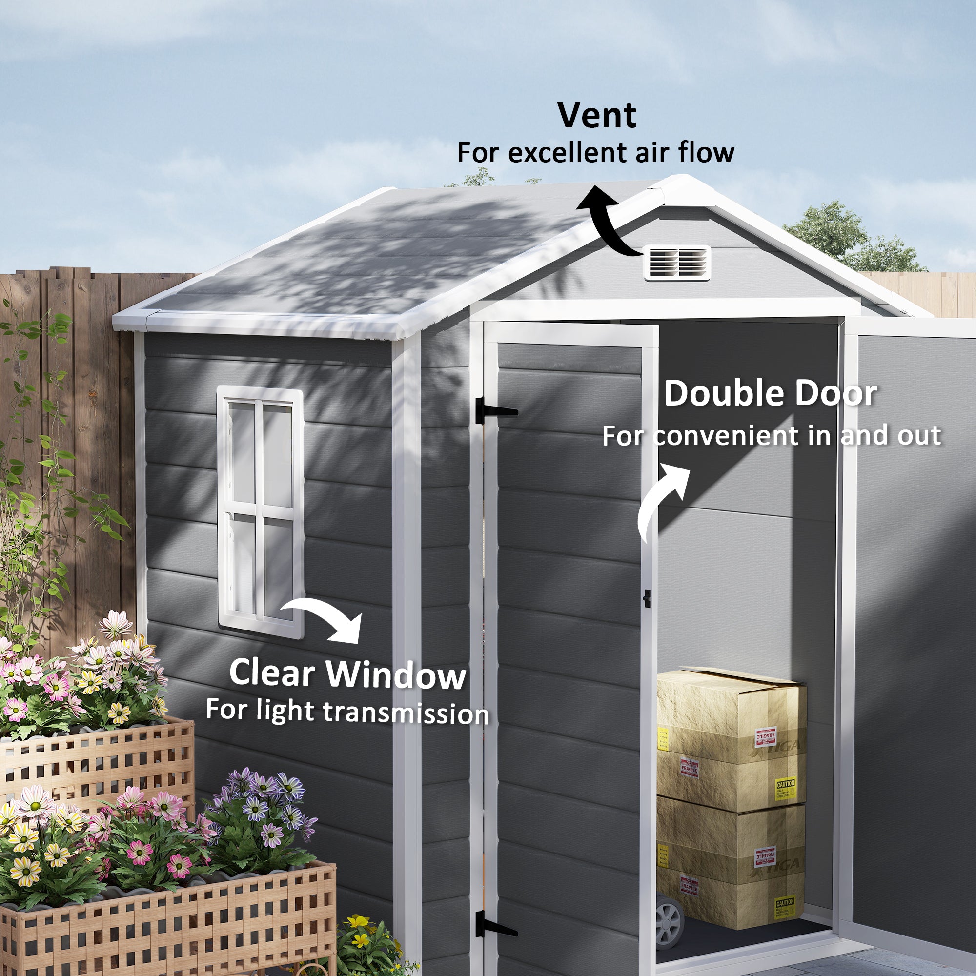 Outsunny 6'x4.5' Garden Storage Shed, Lockable Garden Shed with Double Doors, Window, Vent and Plastic Roof, Grey