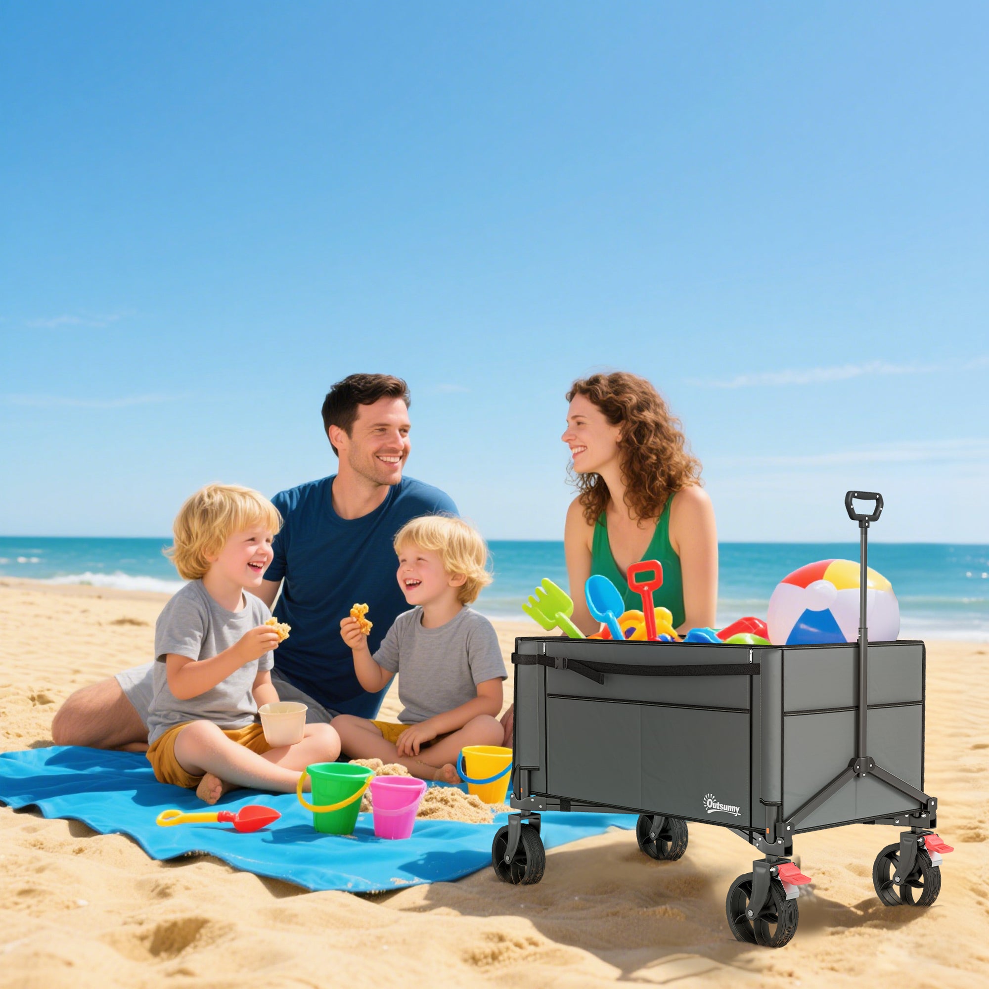 Outsunny Festival Trolley on Wheels, 150L Folding Camping Trolley Cart with Openable Sides, Adjustable Handle and Brakes for Shopping Beach Garden Fishing, Grey
