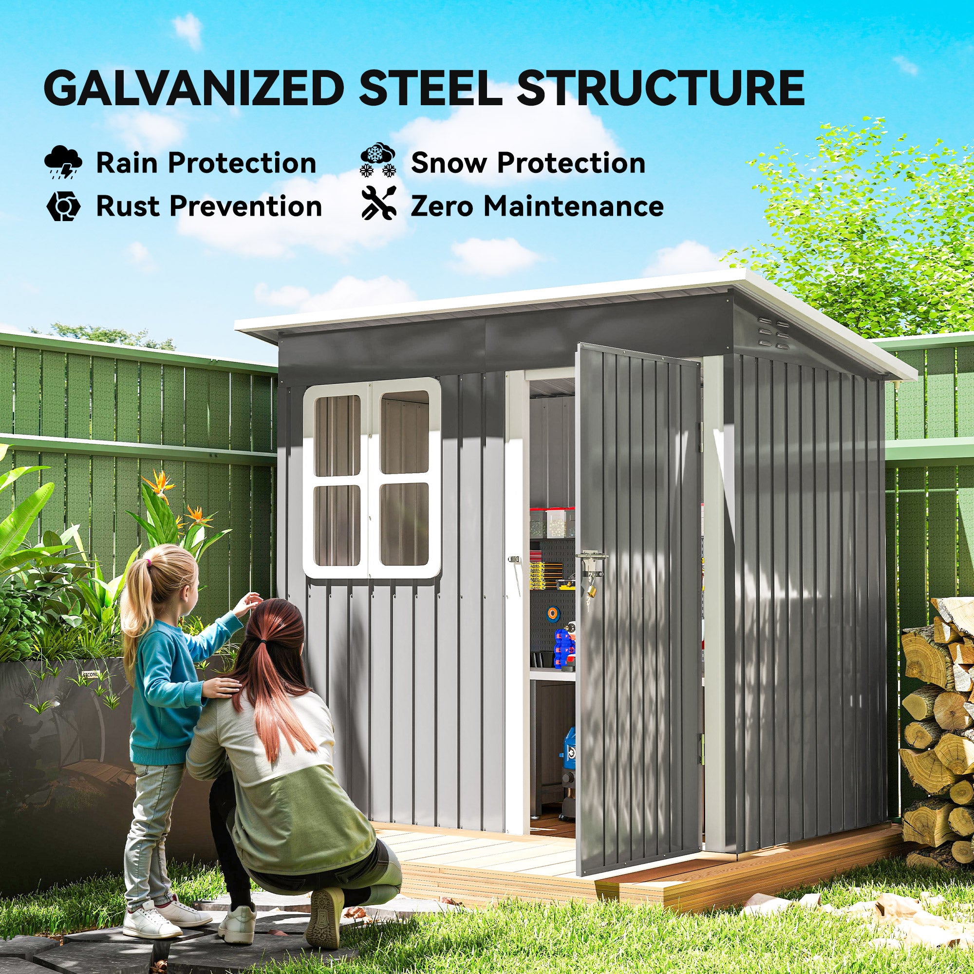 Outsunny 7 x 4ft Galvanised Steel Garden Shed, with Lock and Gloves - Grey
