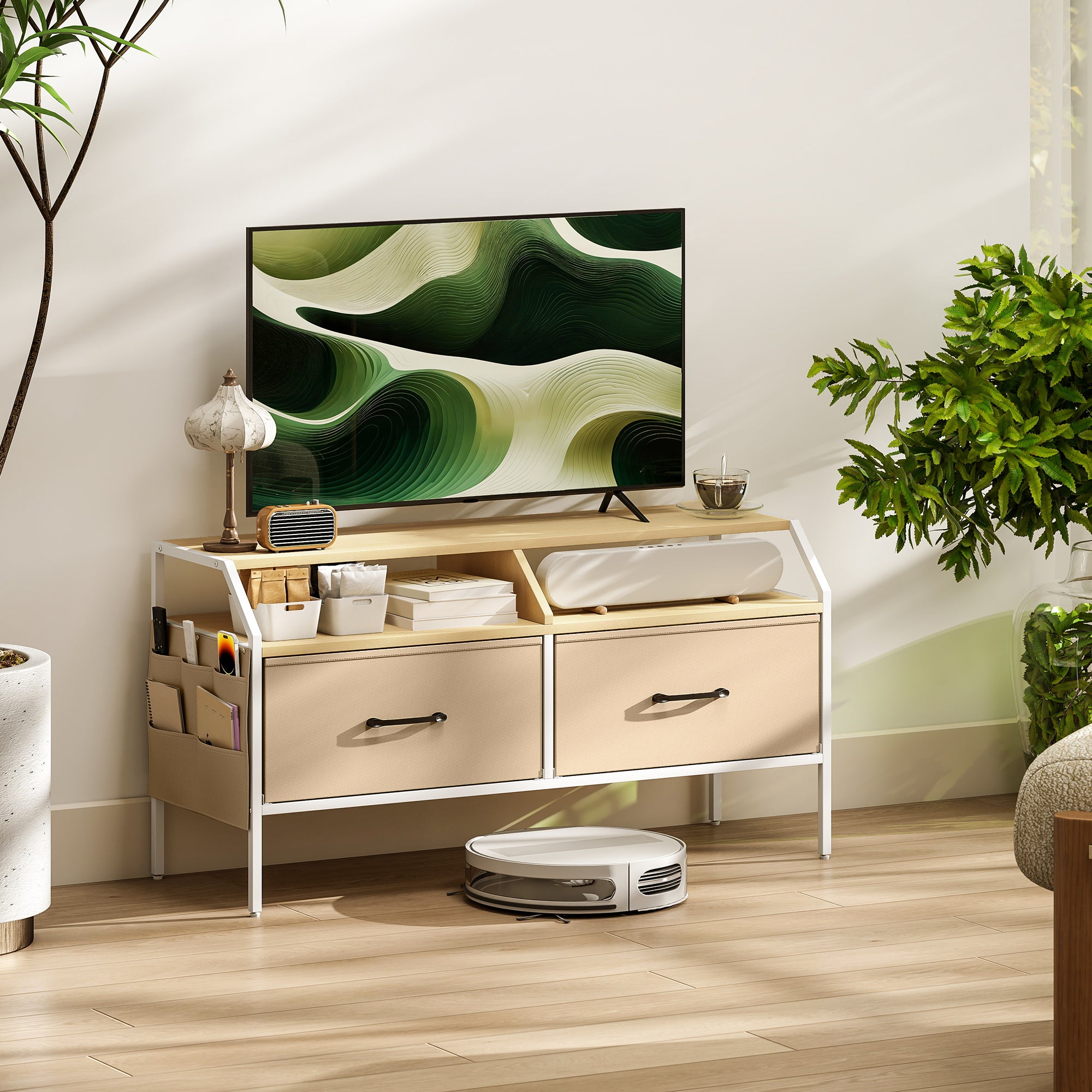 HOMCOM TV Stand Cabinet, TV Unit for 55-inch TVs with 2 Foldable Fabric Drawers, 5 Divided Side Pockets, Open Shelves, Console Table for Living Room, Bedroom, Entertainment Room, Natural Wood Finish