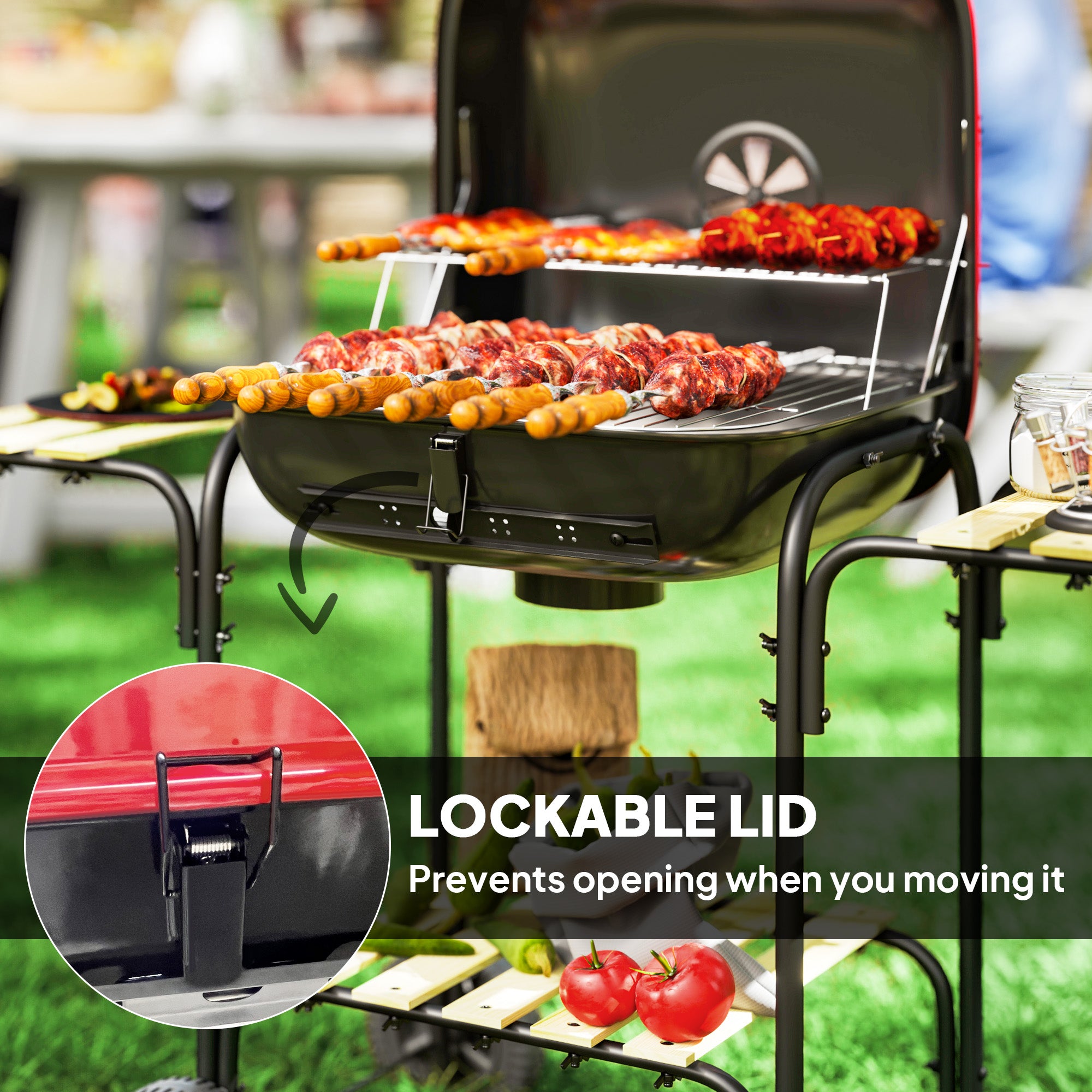 Outsunny Charcoal Barbecue Grill Portable BBQ Grill with 1840 cm√Ç¬≤ Cooking Area, 3 Shelves, Adjustable Vent, Lockable Lid, Wheels for Outdoor Cooking, Garden Party, Red