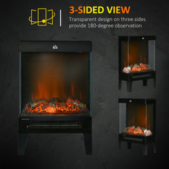HOMCOM 180° Charming Electric Fireplace Heater, Quiet Freestanding Stove with LED Flame Effect, 3-Sided Tempered Glass Panels, Level-less Temperature Control, Overheat Protection, 1000W/2000W, Black