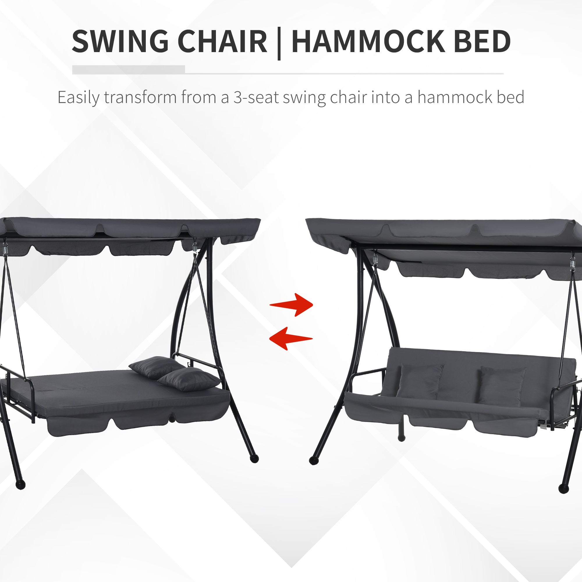 Outsunny Outdoor 2-in-1 Swing Chair Lounger 3 Seater Garden Swing Seat Bed Convertible Tilt Canopy W/ Cushion, Dark Grey