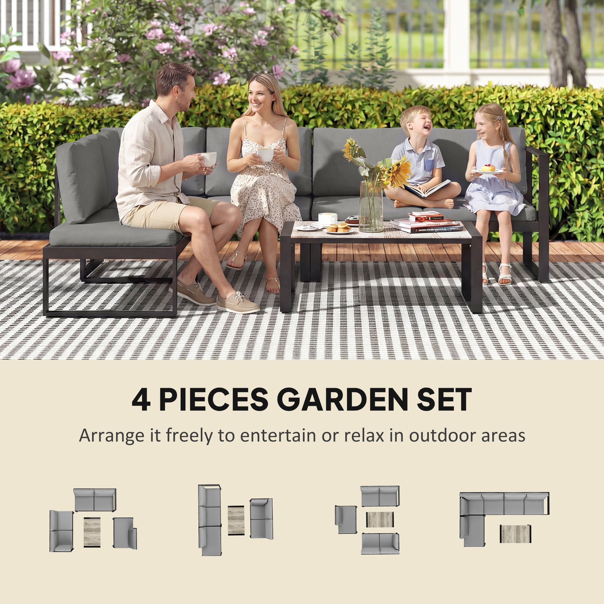 Outsunny 4 Piece Garden Furniture Set, Garden Sofa Set with 2 Loveseats, Armless Chair, Coffee Table for Balcony, Dark Grey