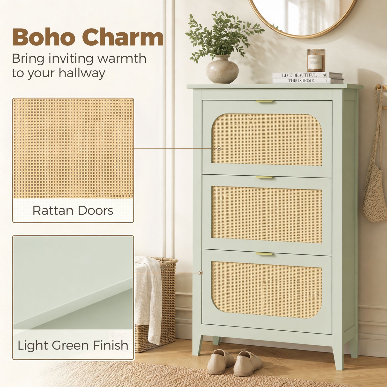 HOMCOM Narrow Shoe Cabinet, Boho Slim Shoe Storage Cabinet with 3 Flip Drawers, Holds 21 Pairs, Light Green