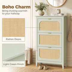 HOMCOM Narrow Shoe Cabinet, Boho Slim Shoe Storage Cabinet with 3 Flip Drawers, Holds 21 Pairs, Light Green