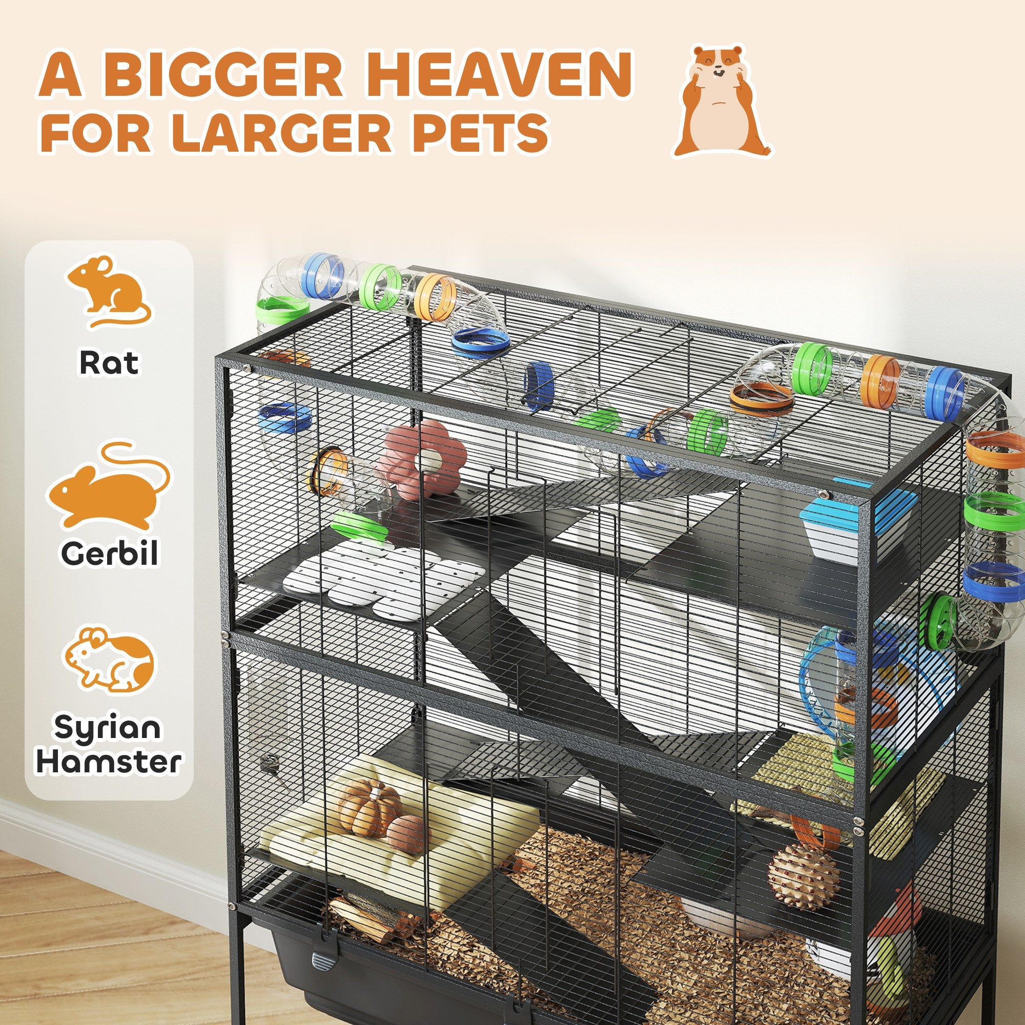 PawHut 5 Tier Large Hamster Cage on Wheels with 17 cm Deep Tray, Storage Shelf for Syrian, Gerbil, Rats