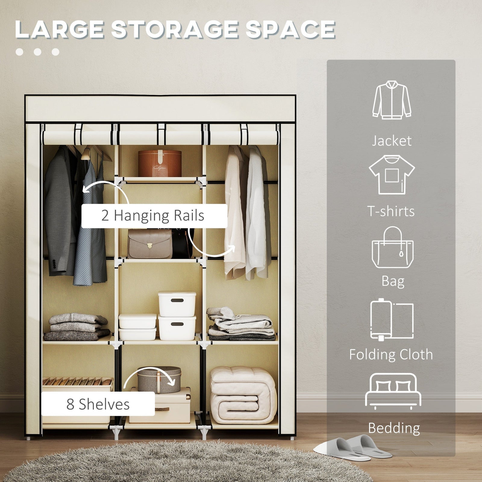 HOMCOM Fabric Wardrobe, with Rails and Shelves - Cream White