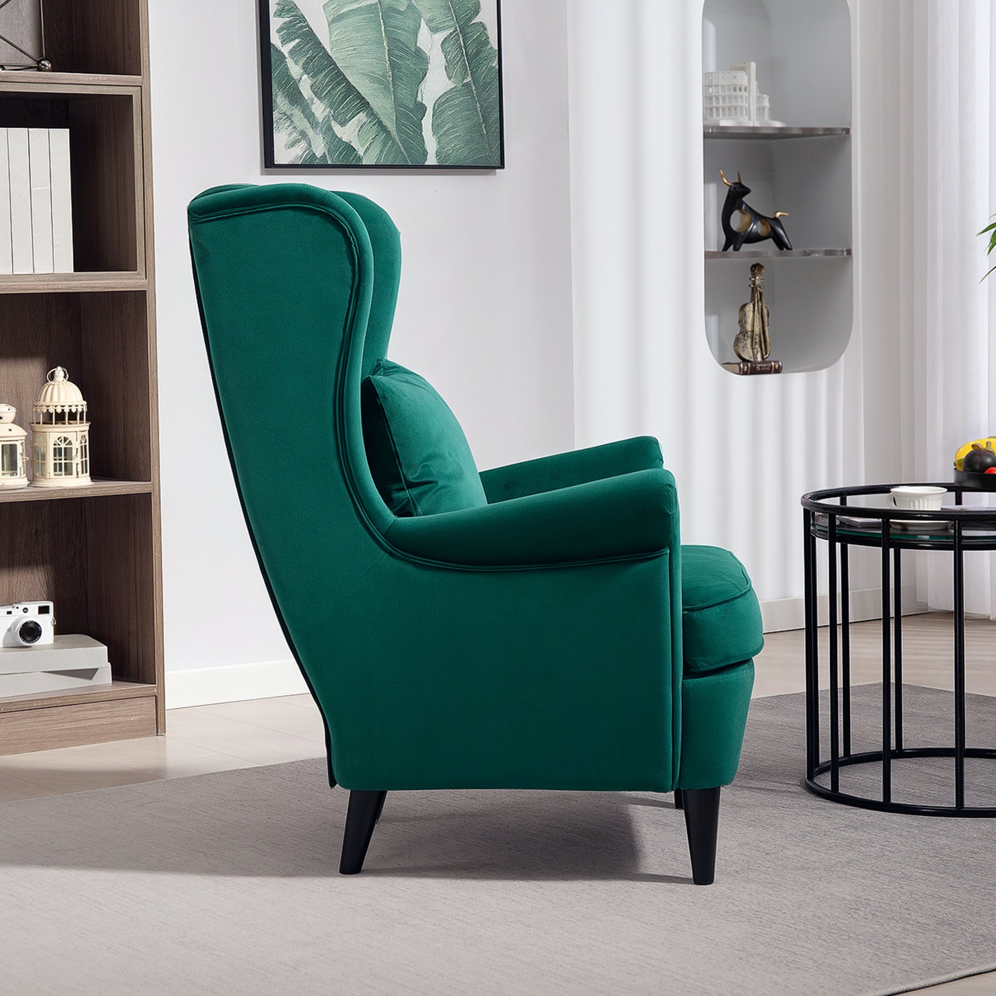HOMCOM Modern Accent Chair, Upholstered Wingback Armchair with High Backrest and Pillow, Velvet-Feel Fabric Reading Chair with Solid Wood Legs for Living Room, Bedroom, Home Office, Dark Green