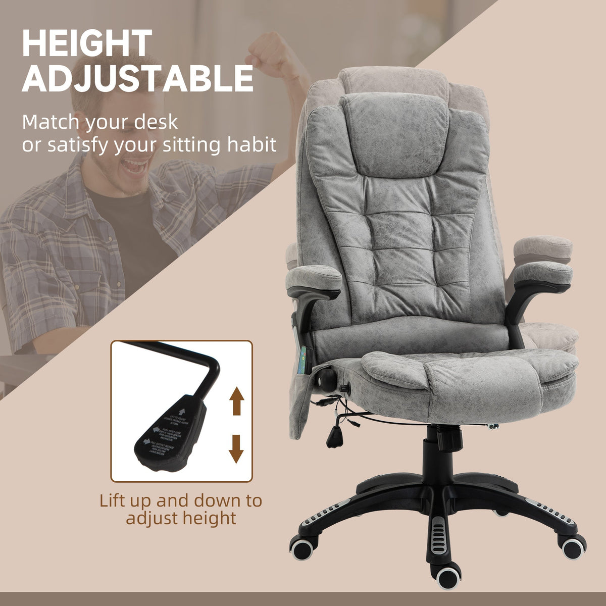 Vinsetto Massage Recliner Chair Heated Office Chair with Six Massage Points Microfiber Cloth 360 Swivel Wheels Grey