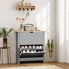 HOMCOM Slim Shoe Cabinet, Narrow Shoe Cupboard with 2 Flip Drawers, Adjustable Shelves for 12 Pairs of Shoes, Light Grey
