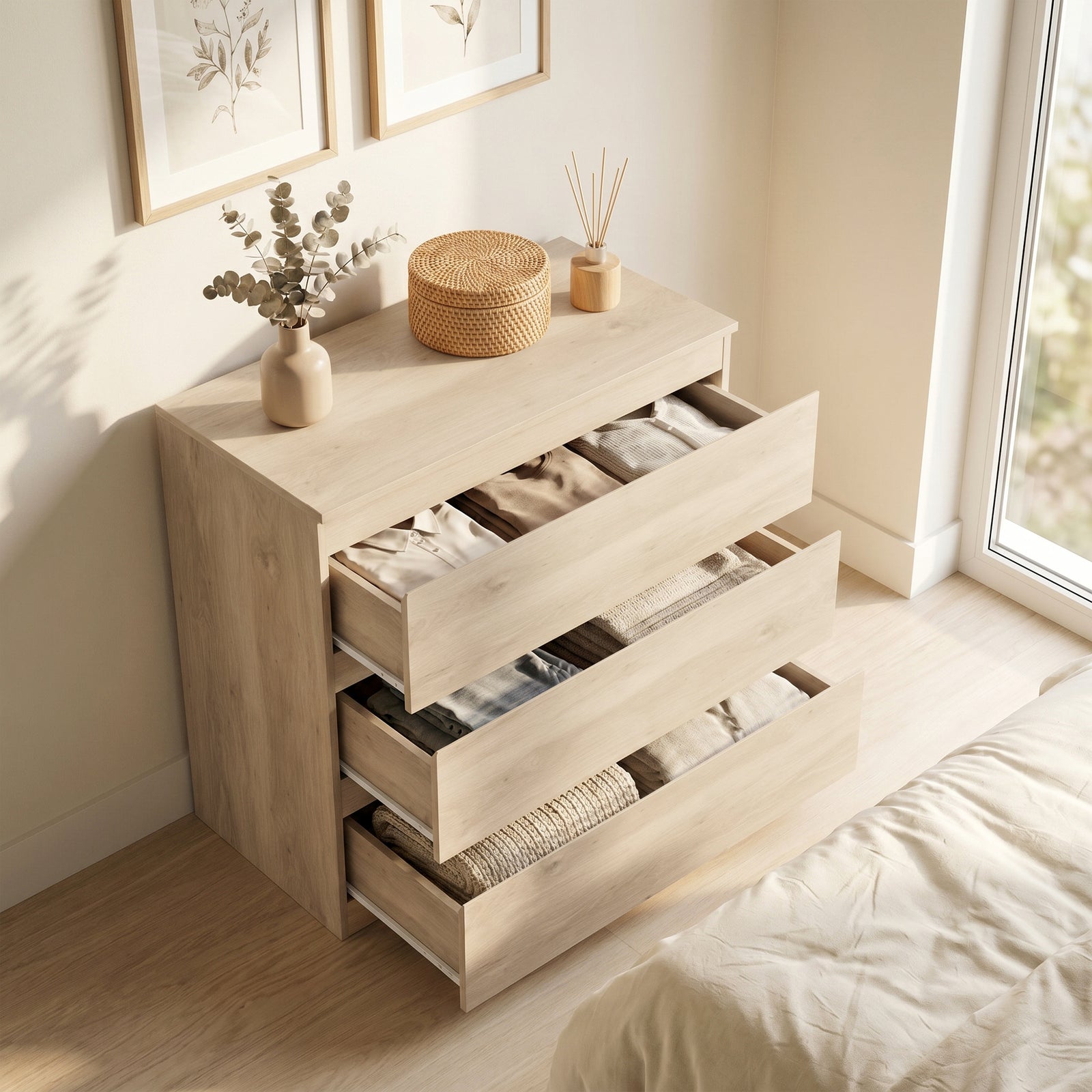 HOMCOM 3-Drawer Storage Organiser Unit, Chest of Drawers for Bedroom, Living Room, 80 x 39 x 73cm, Oak