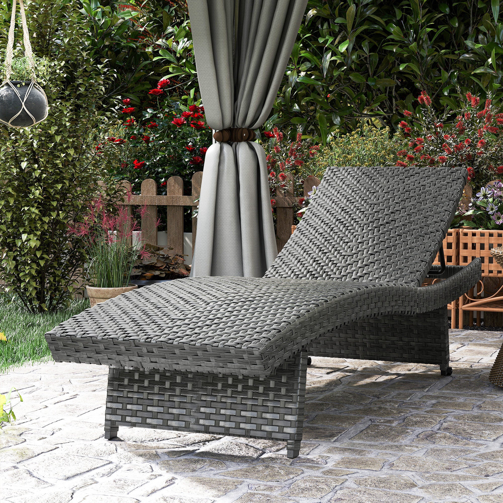 Outsunny Outdoor PE Rattan Sun Lounger, Folding Wicker Garden Lounger Recliner with 4-Level Adjustable Backrest, Rolling Sunbed Lounge Chair with Wheels, Non-Slip Legs for Balcony, Beach, Mixed-grey