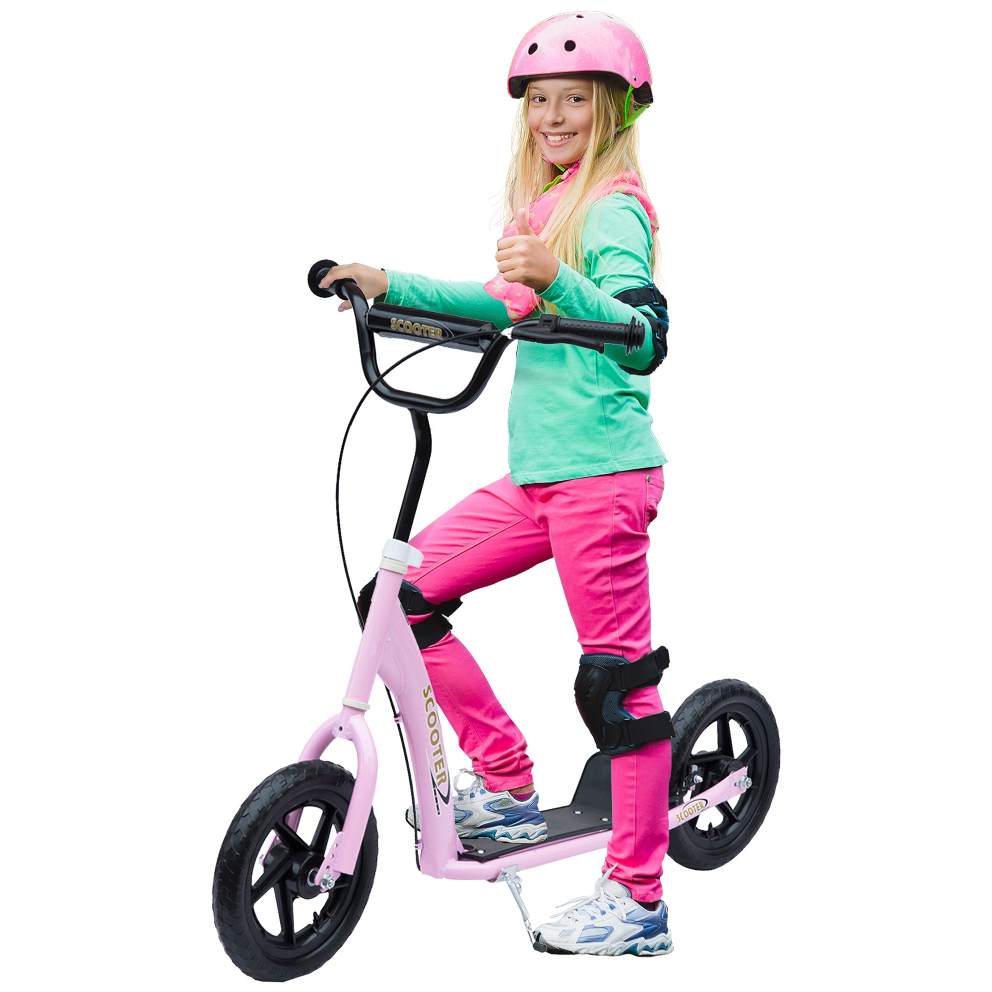 HOMCOM Kids Scooter Kick Scooter, with 12" EVA Tyres, Rear Brake, Big Wheels Scooter for 5-12 Years , Pink