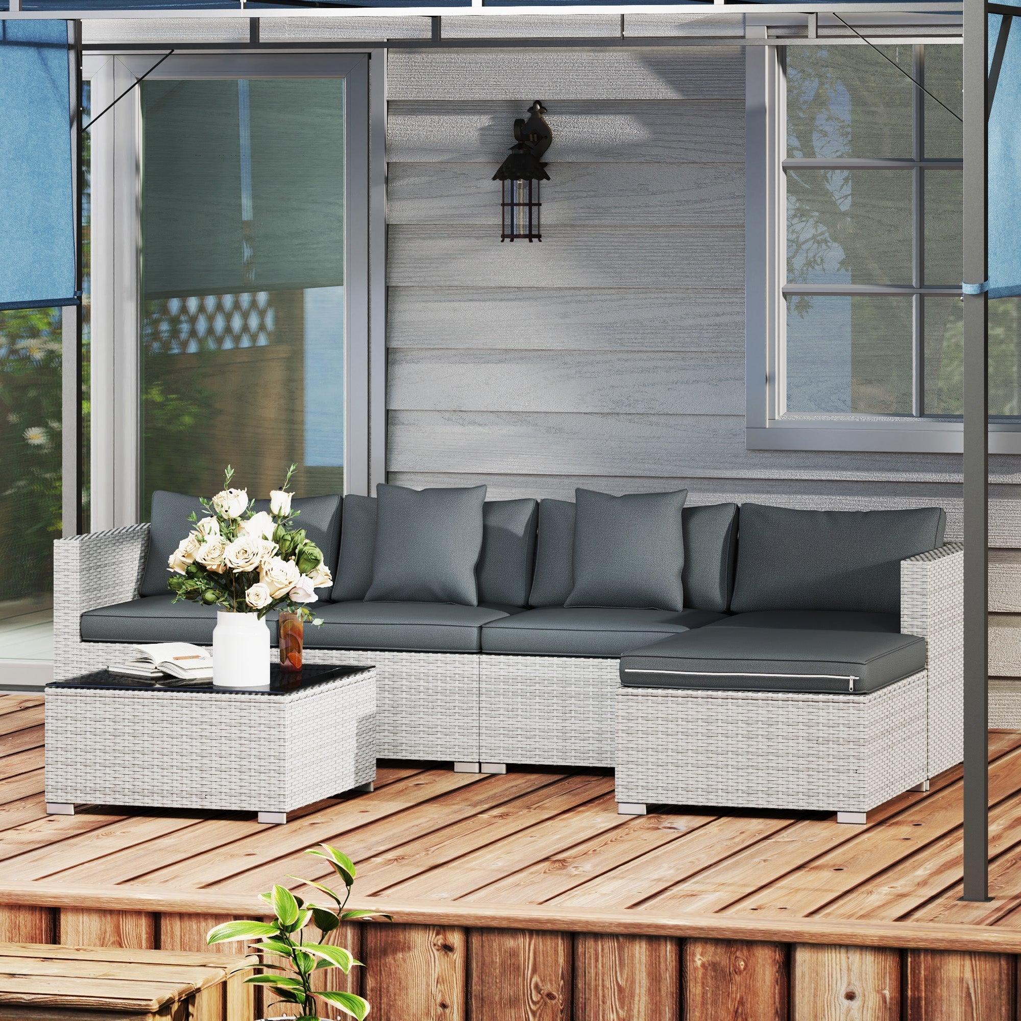 Outsunny 6 Pieces Rattan Corner Sofa Set - Mixed Grey