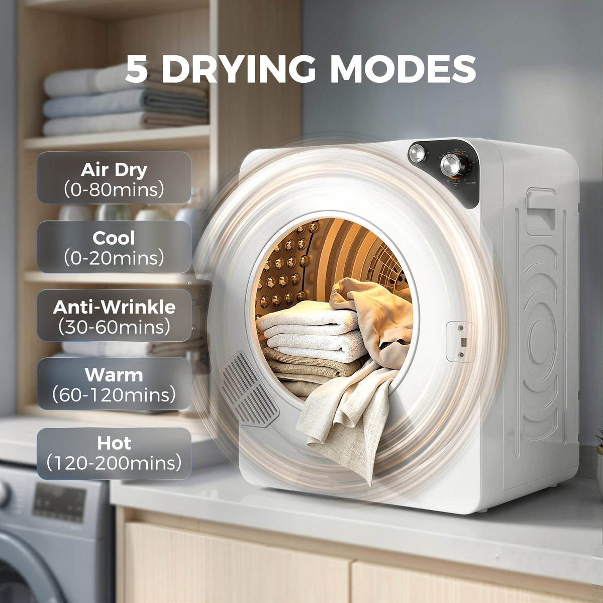 HOMCOM 5kg Vented Tumble Dryer, 1000W Compact Tumble Dryer with 5 Drying Modes, Stainless Steel Tub, White