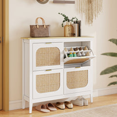 HOMCOM Narrow Shoe Cabinet, Boho Slim Shoe Storage Cabinet with 4 Flip Drawers, Holds 20 Pairs, White