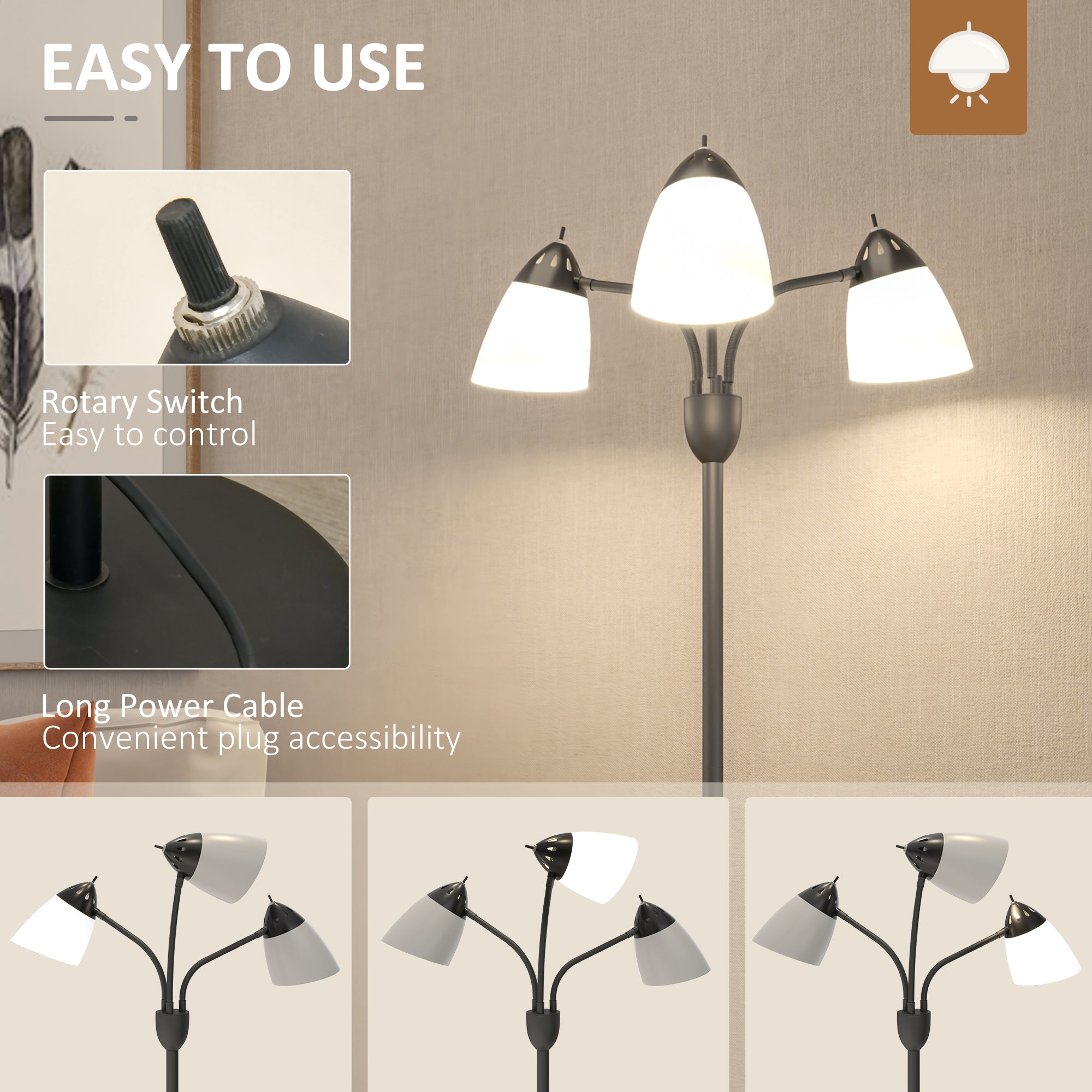 HOMCOM Arc Tree Floor Lamp with 3 Adjustable Rotating Lights, Industrial Standing Lamp with Steel Frame for Bedroom Living Room, 155cm, Black