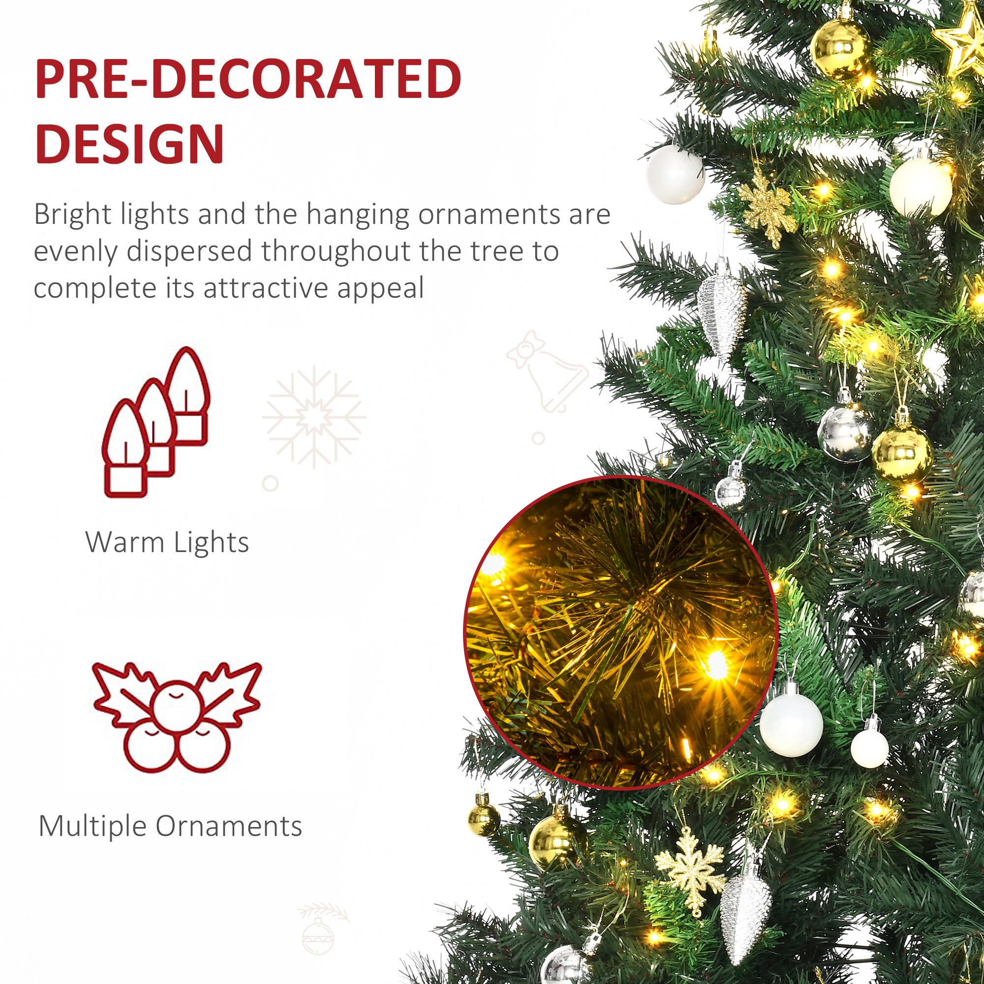 HOMCOM 1.8m 6ft Pre-Lit Artificial Christmas Tree 200 LED Xmas Tree Holiday D√É¬©cor with Decorative Balls Ornament Metal Stand