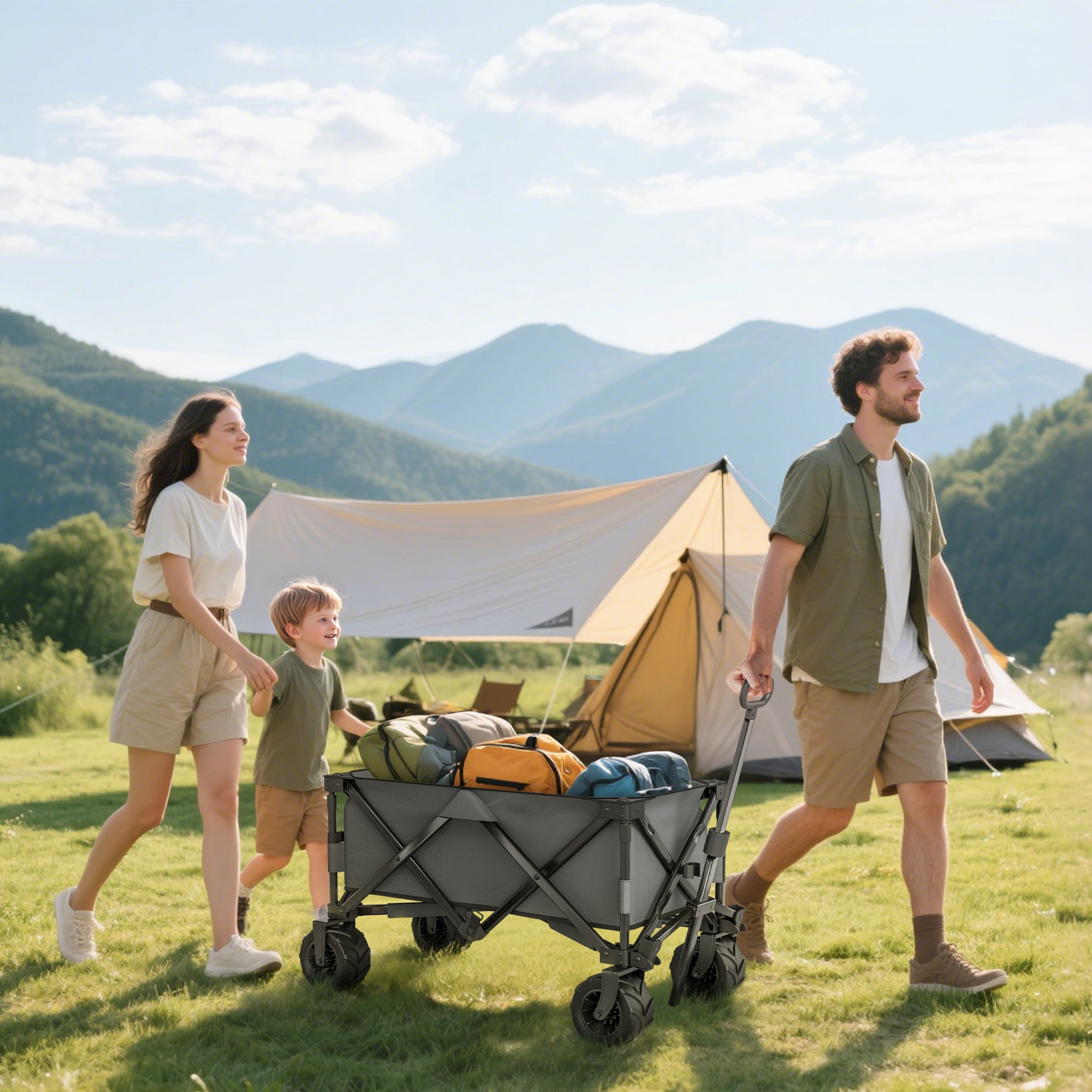 Outsunny Outdoor Pull Along Cart Folding Cargo Wagon Trailer Trolley for Beach Garden with Handle, Anti-Slip Wheel - Dark Grey