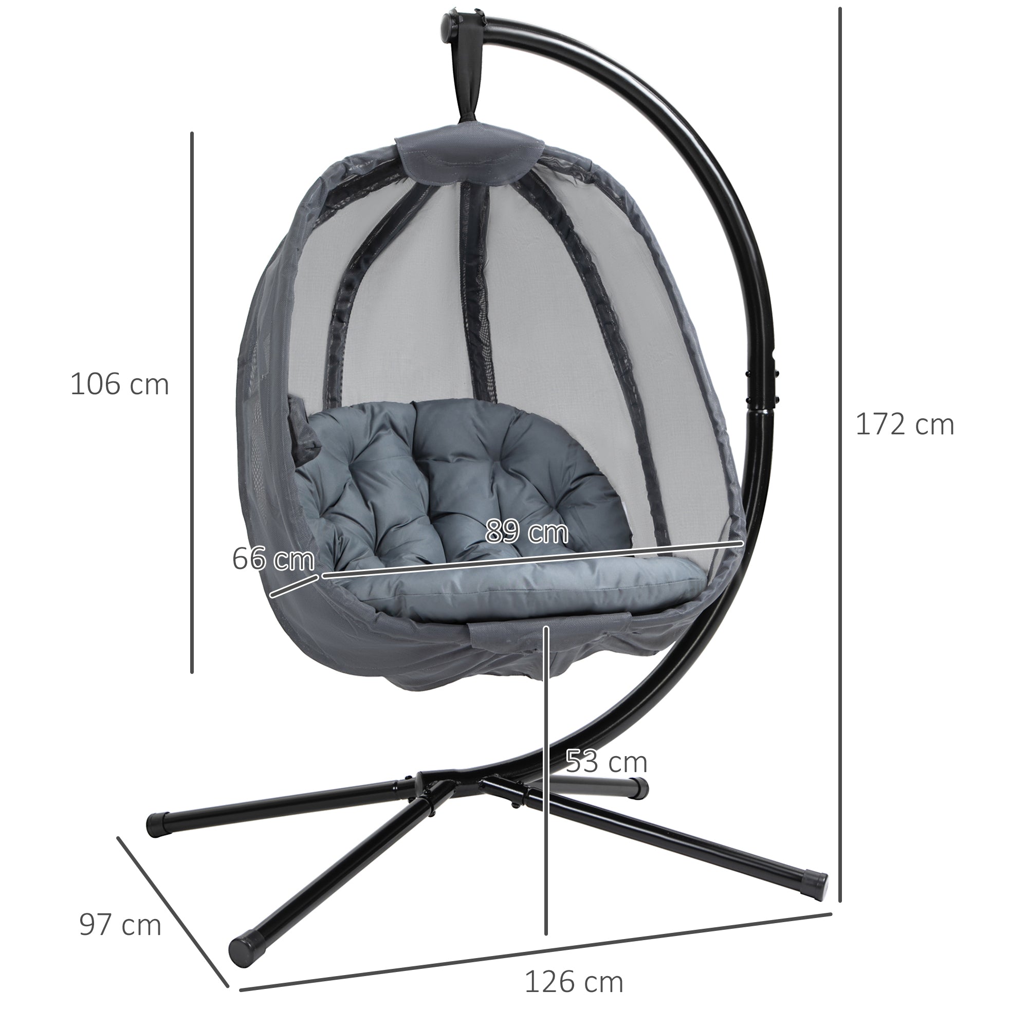Outsunny Hanging Egg Chair, Folding Texteline Swing Hammock with Side Pocket, Cushion and Stand for Indoor Outdoor, Patio Garden Furniture, Grey