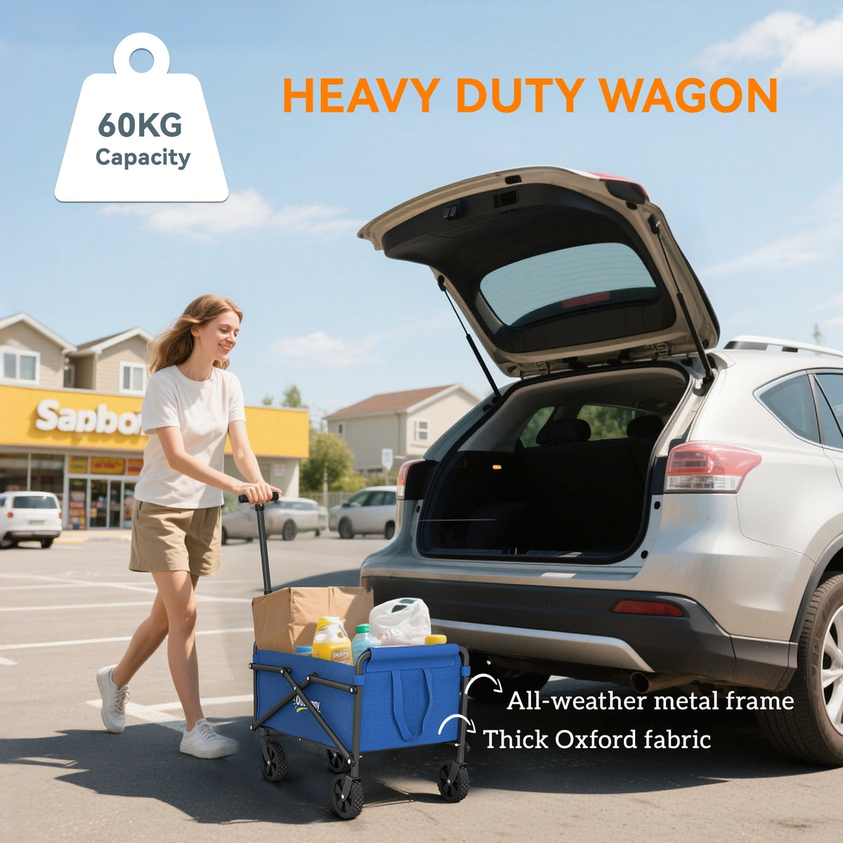 Outsunny 41L Festival Trolley on Wheels, Small Garden Folding Trolley Cart, 60kg Heavy Duty Collapsible Folding Wagon with Adjustable Handle and Carrying Bag for Beach, Camping, Festival, Blue