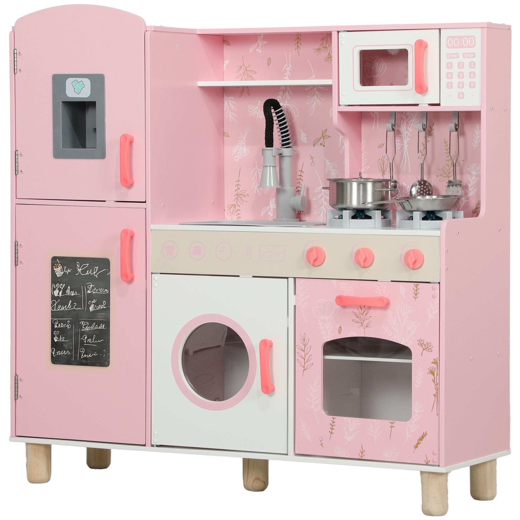 AIYAPLAY Play Kitchen, Kids Kitchen Set with Lights and Sounds, Double Stoves, Ice Maker, Chalkboard for 3+ Years, Pink