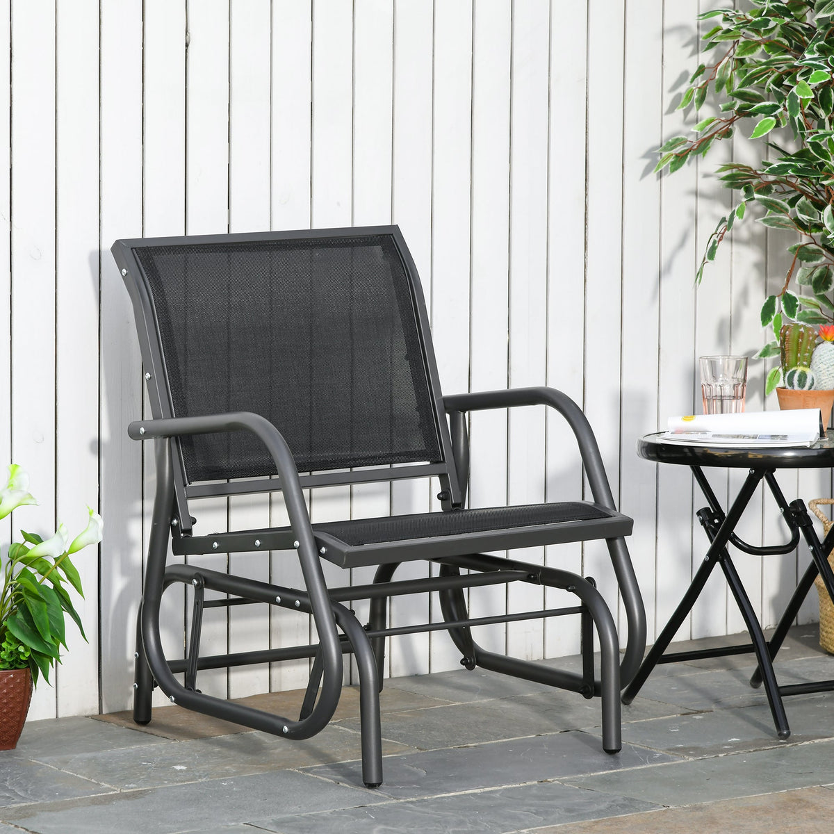 Outsunny Outdoor Garden Glider Chair, Metal Frame Single Armchair Swing Seater w/ Breath Mesh Fabric Seat, Curved Backrest, Armrests, for Living Room, Patio, Porch, Dark Grey