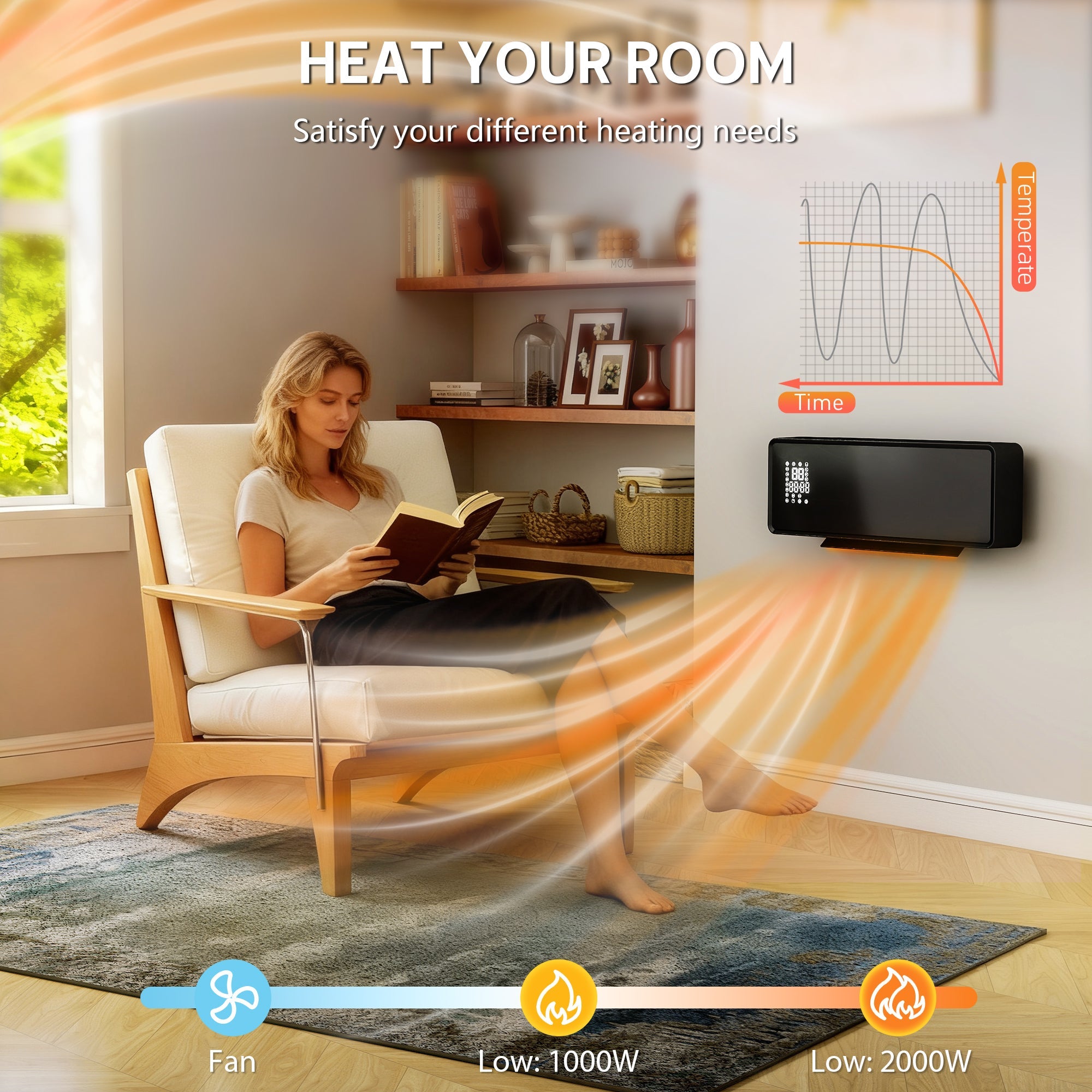 HOMCOM 2000W Ceramic Electric Heater with Fan, Adjustable Thermostat, Wall Mounted - Black