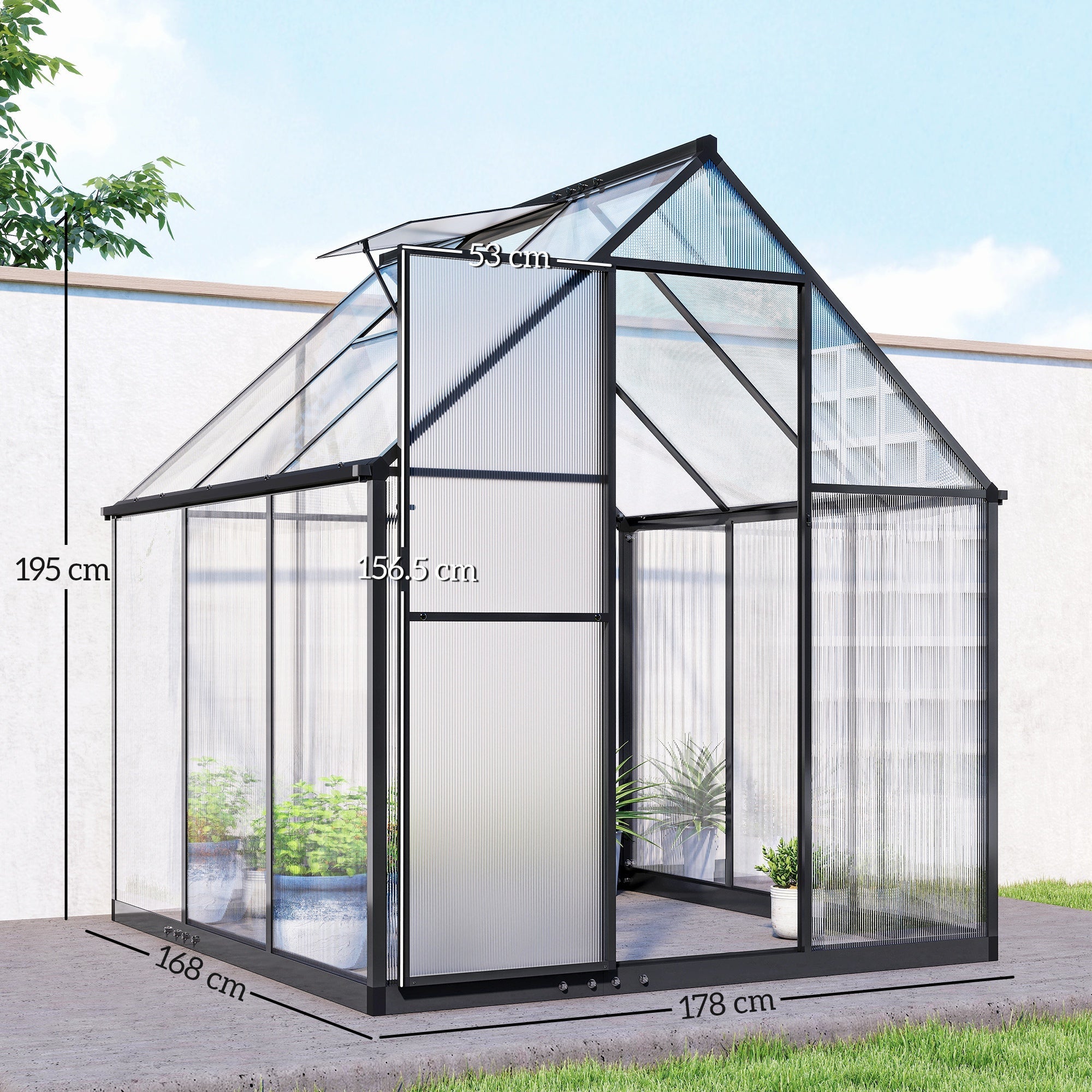 Outsunny Polycarbonate Greenhouse with Swing Door and Adjustable Window, Walk-in Greenhouse with Rain Gutter, 6 x 6.5ft, Black