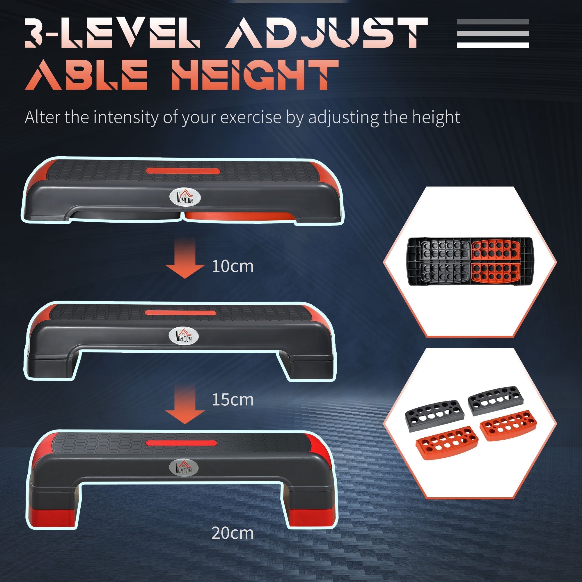 HOMCOM Aerobic Step, 10cm, 15cm & 20cm Height Adjustable Exercise Stepper for Exercise Workout, Nonslip Step Board Great for Home & Office, Grey and Red