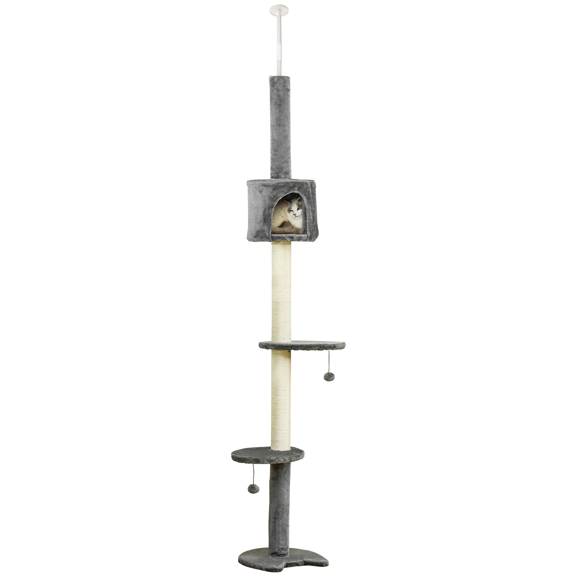 PawHut Floor to Ceiling Cat Tree for Indoor Cats, Kitten Tower, Condo, Multi-Layer Activity Center, Indoor Pet Play House with Solid Scratching Post Hanging Balls, Light Grey