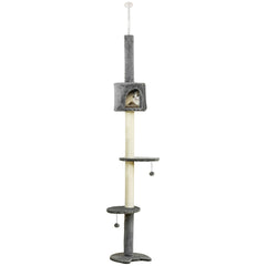 PawHut Floor to Ceiling Cat Tree for Indoor Cats, Kitten Tower, Condo, Multi-Layer Activity Center, Indoor Pet Play House with Solid Scratching Post Hanging Balls, Light Grey