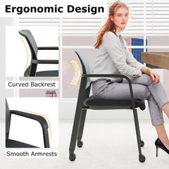 Close-up of the ergonomic backrest and smooth armrests of a grey office chair