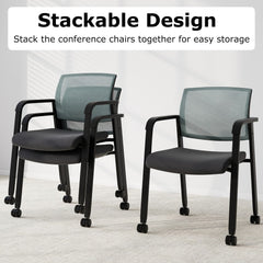 Two grey office chairs demonstrating their stackable design for easy storage