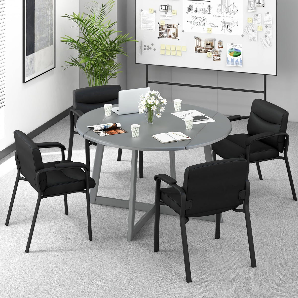 Upholstered Waiting Room Chair No Wheels Set of 2 with Padded Armrests-Black